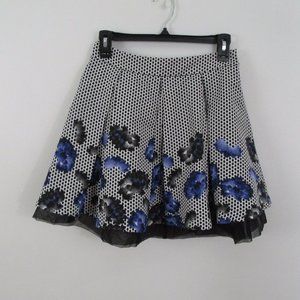 Express White Black Blue Floral Flare Polka Dot Skirt